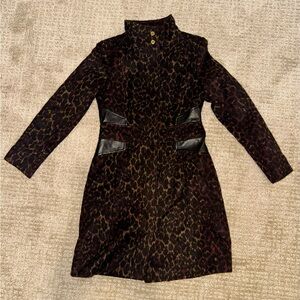 Via Spiga Leopard Print Wool Coat with Black Details